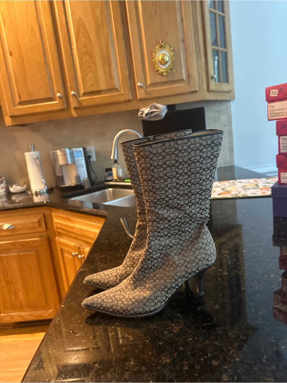 Coach Signature Logo Pointed Toe Mid-Calf Boots in Tan/Brown - Picture 3 of 9